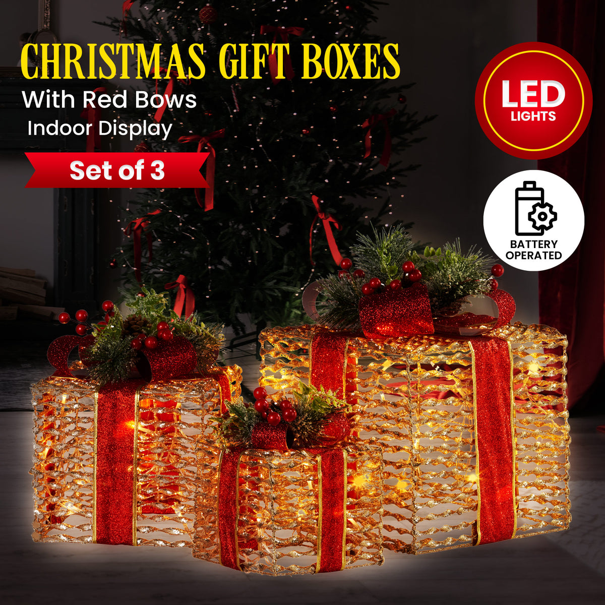 Christabelle Lit Christmas Gift Boxes, Set of 3
