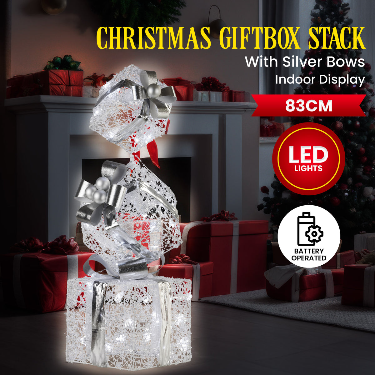 Christabelle Silver Gift Box Stack with Lights, 83 cm