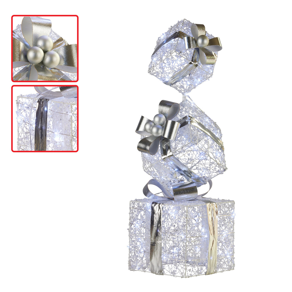 Christabelle Silver Gift Box Stack with Lights, 83 cm