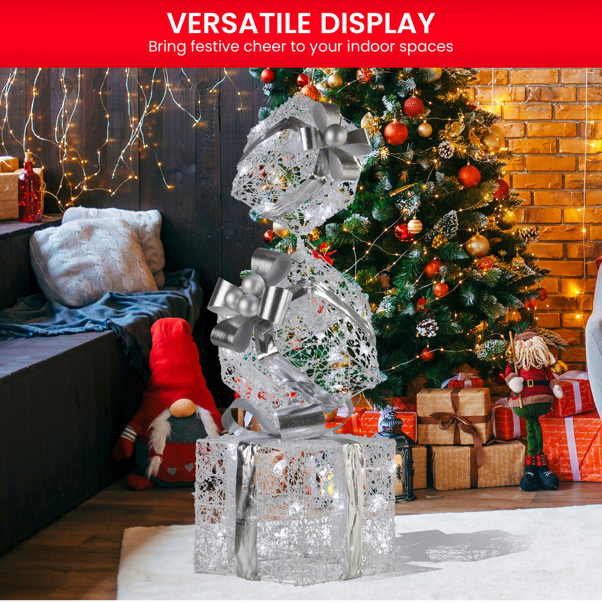Christabelle Silver Gift Box Stack with Lights, 83 cm