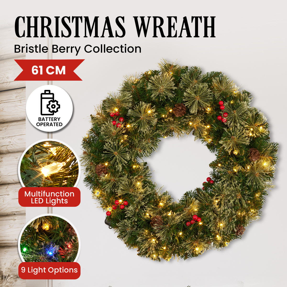 Christabelle 61cm Christmas Bristle with LED Lights Front Door Decoration Ornament