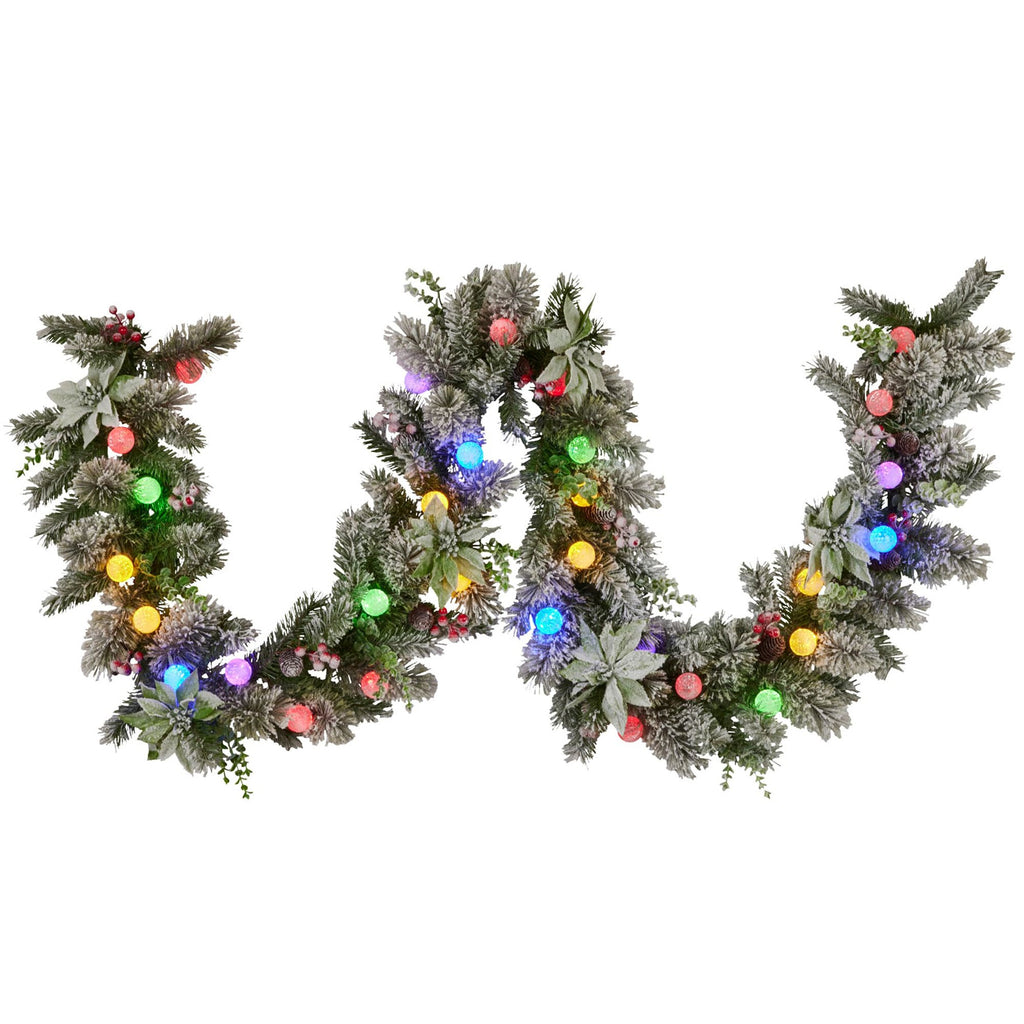 Swishmas Snowy Crown Pine Garland with Snowball Lights, 2.7 m
