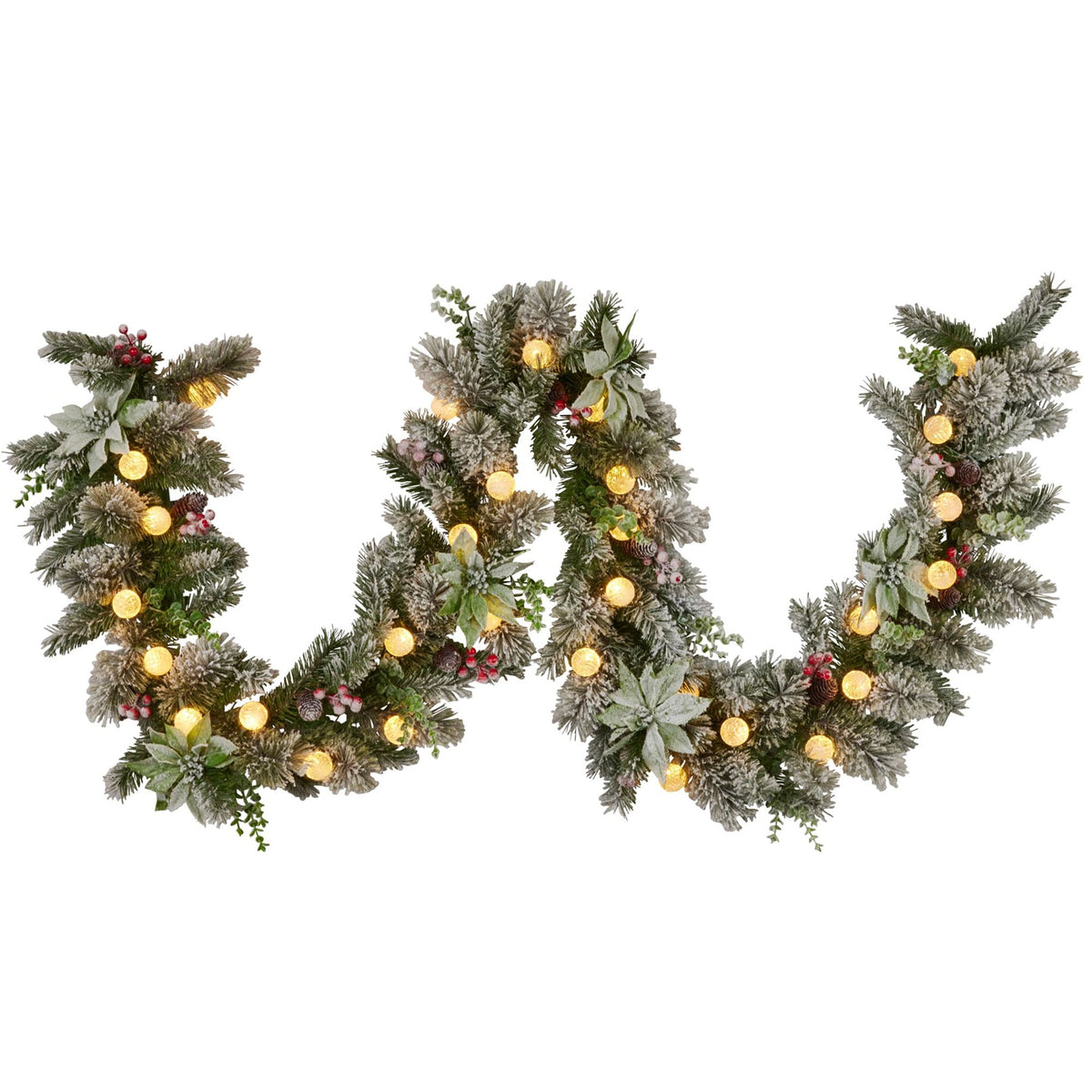 Swishmas Snowy Crown Pine Garland with Snowball Lights, 2.7 m