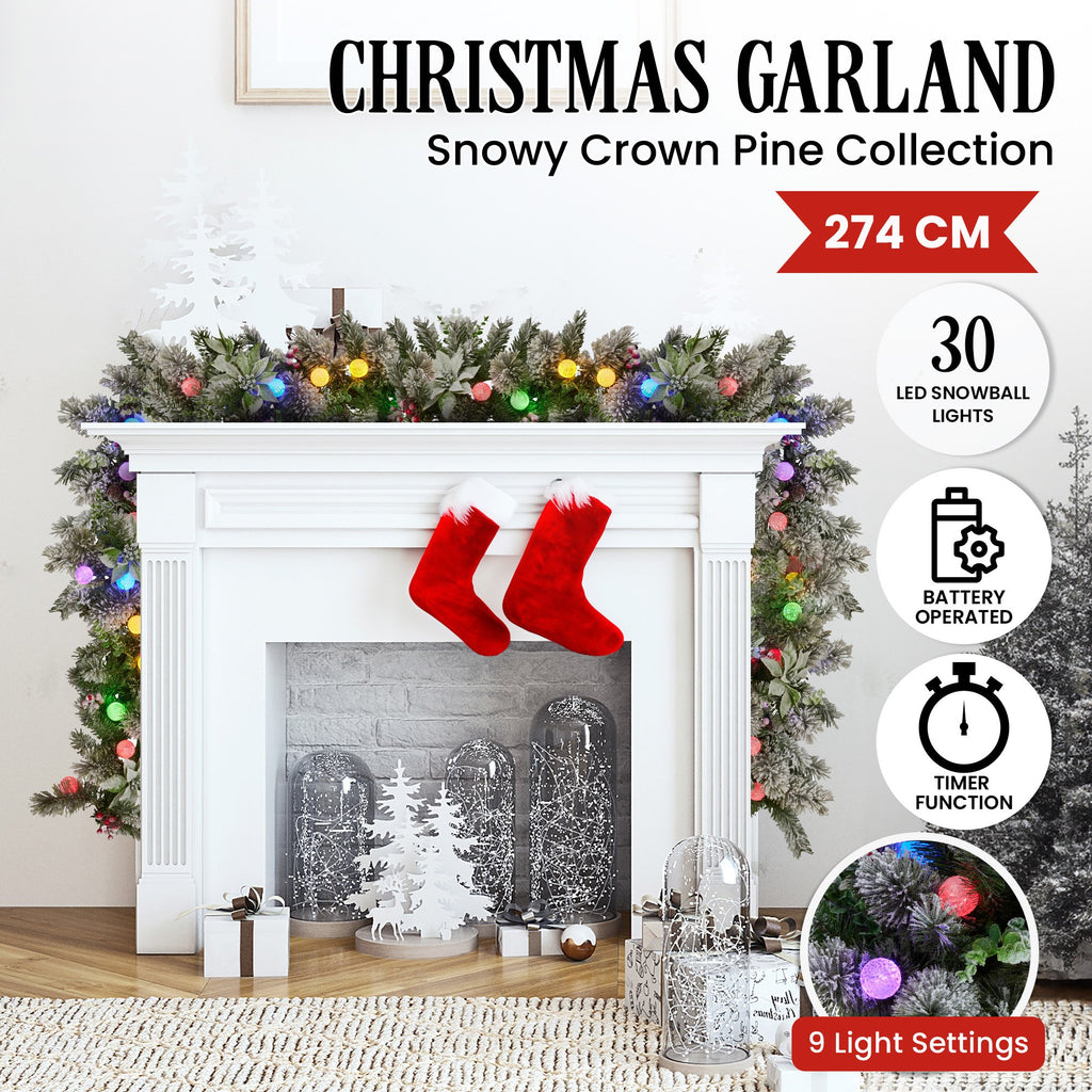 Swishmas Snowy Crown Pine Garland with Snowball Lights, 2.7 m