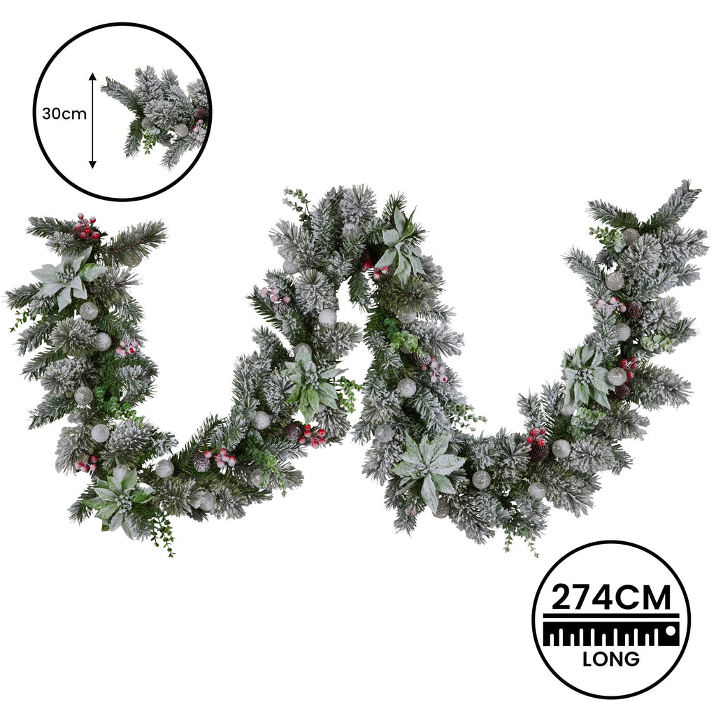 Swishmas Snowy Crown Pine Garland with Snowball Lights, 2.7 m