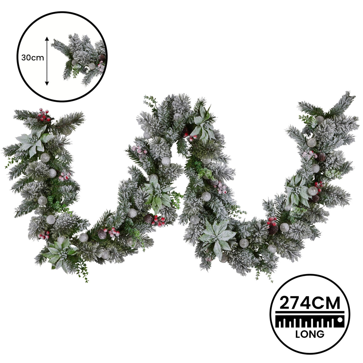 Swishmas Snowy Crown Pine Garland with Snowball Lights, 2.7 m