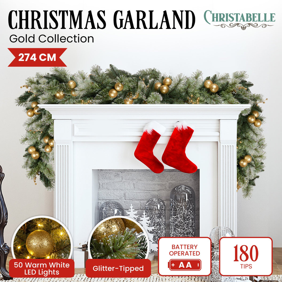 Christabelle Gold Bauble Garland with LED Lights, 2.7 m