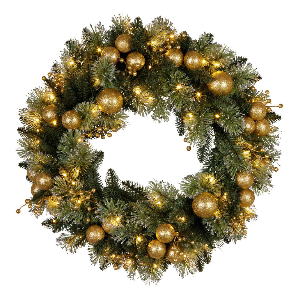 Christabelle Glitter Tipped Wreath with Gold Baubles and LED Lights