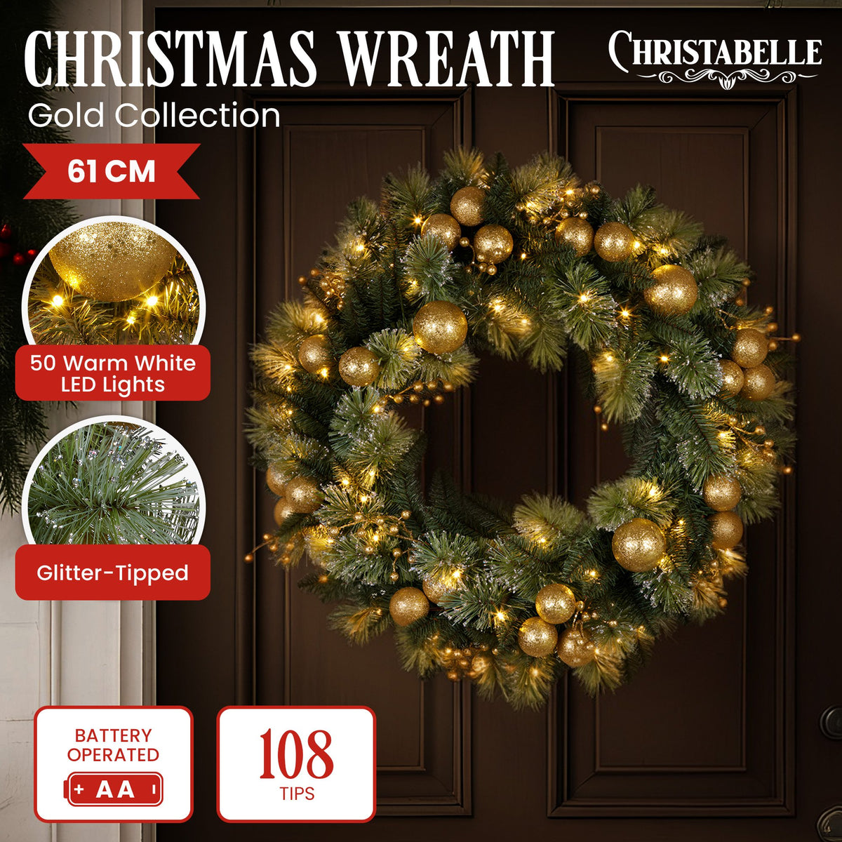 Christabelle Glitter Tipped Wreath with Gold Baubles and LED Lights