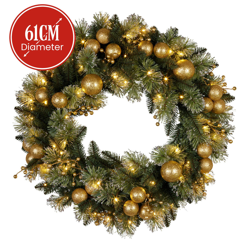 Christabelle Glitter Tipped Wreath with Gold Baubles and LED Lights