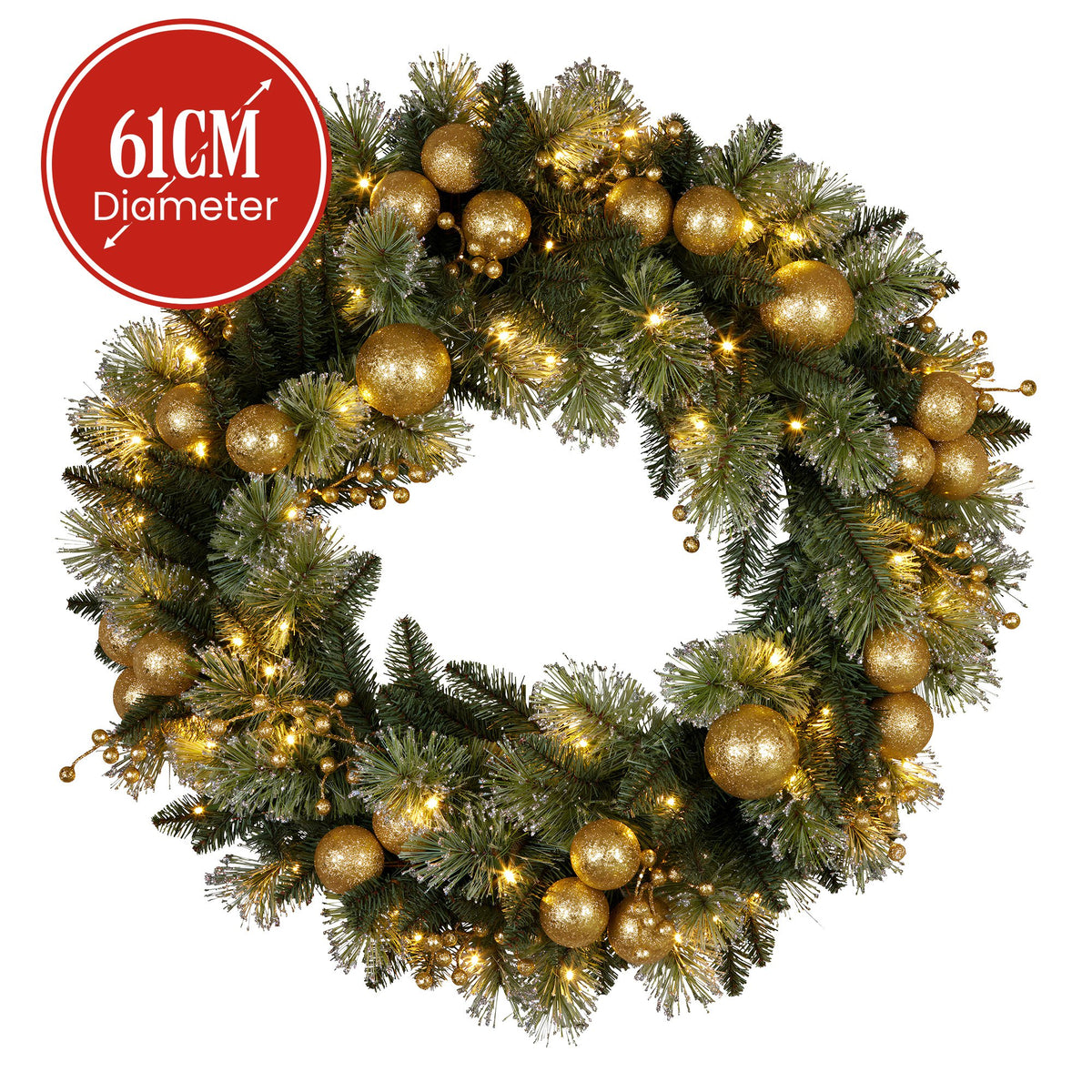 Christabelle Glitter Tipped Wreath with Gold Baubles and LED Lights