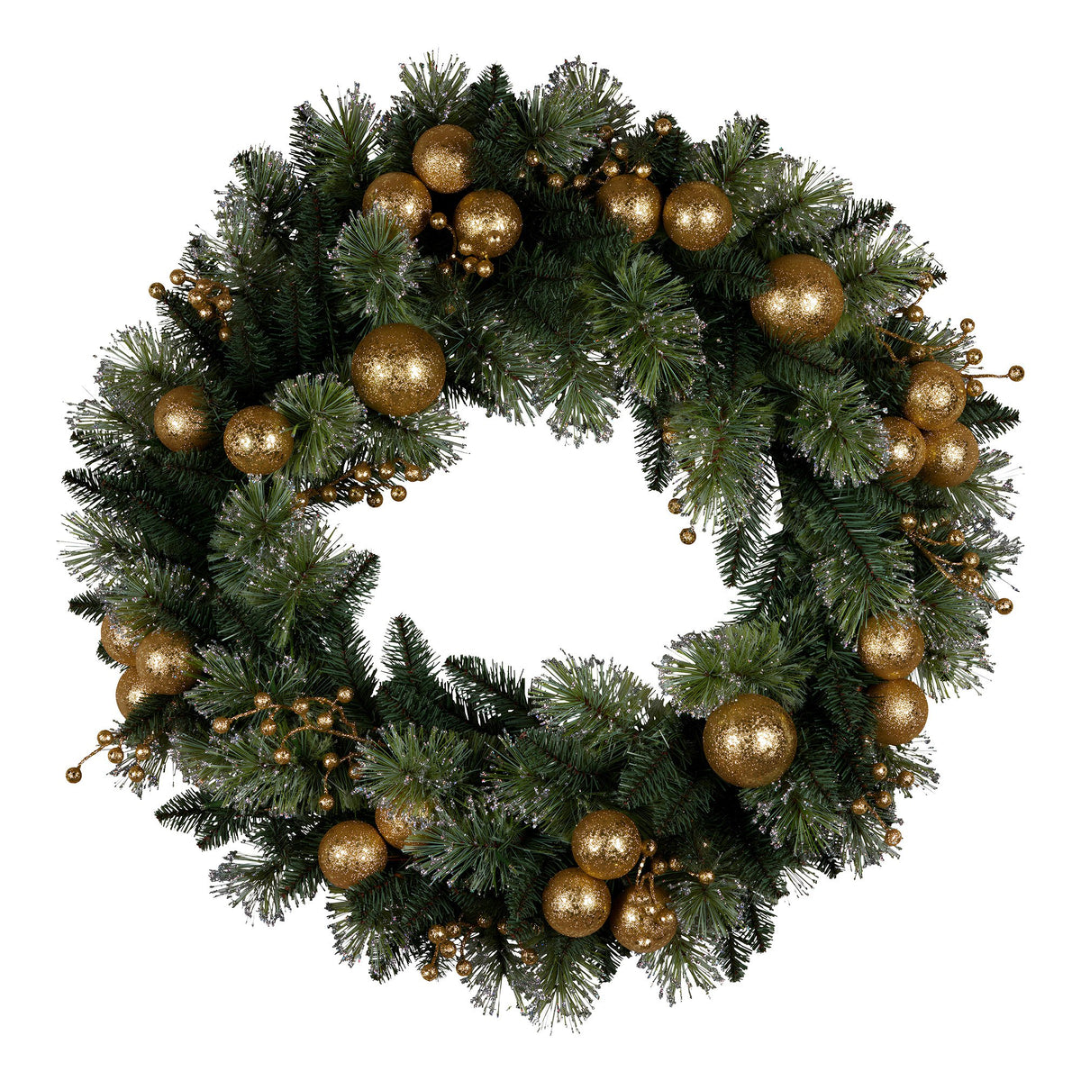 Christabelle Glitter Tipped Wreath with Gold Baubles and LED Lights