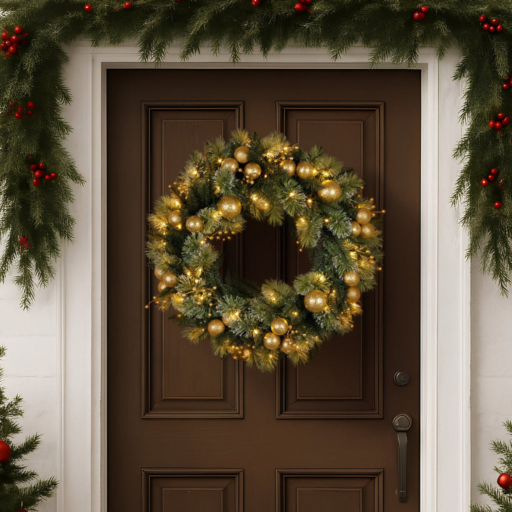 Christabelle Glitter Tipped Wreath with Gold Baubles and LED Lights