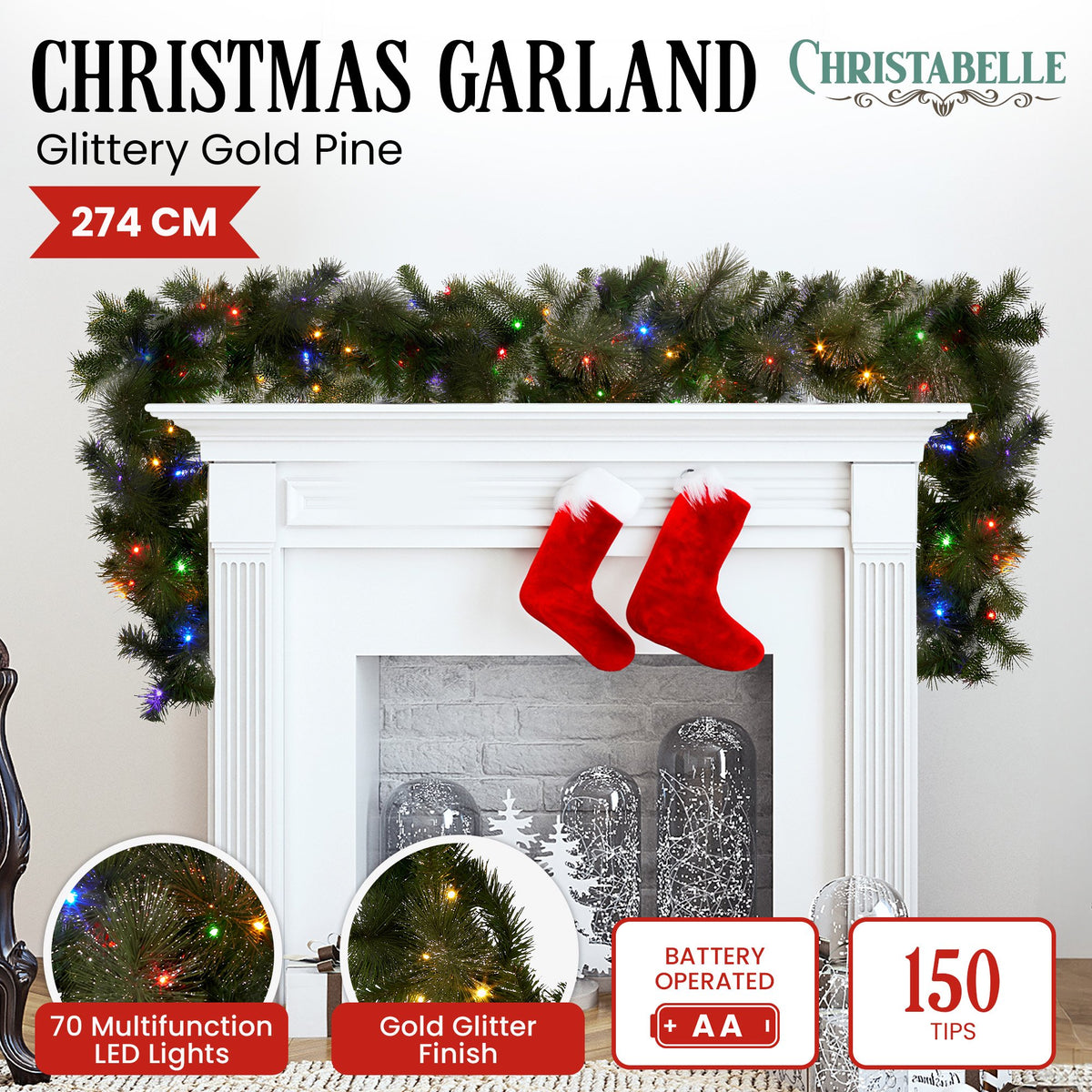 Christabelle Gold Glitter Pine Garland with Multi-Function LEDs, 2.7 m