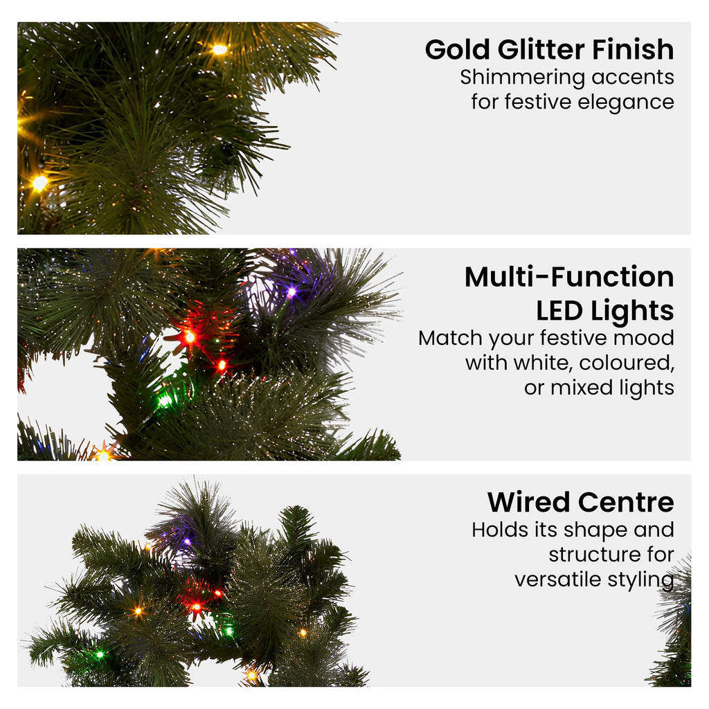 Christabelle Gold Glitter Pine Garland with Multi-Function LEDs, 2.7 m
