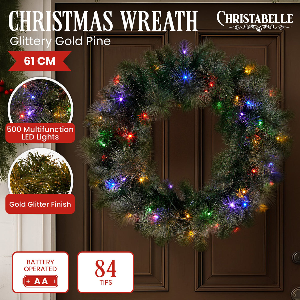 Christabelle Gold Glitter Pine Wreath with Multi-Function LEDs, 61 cm