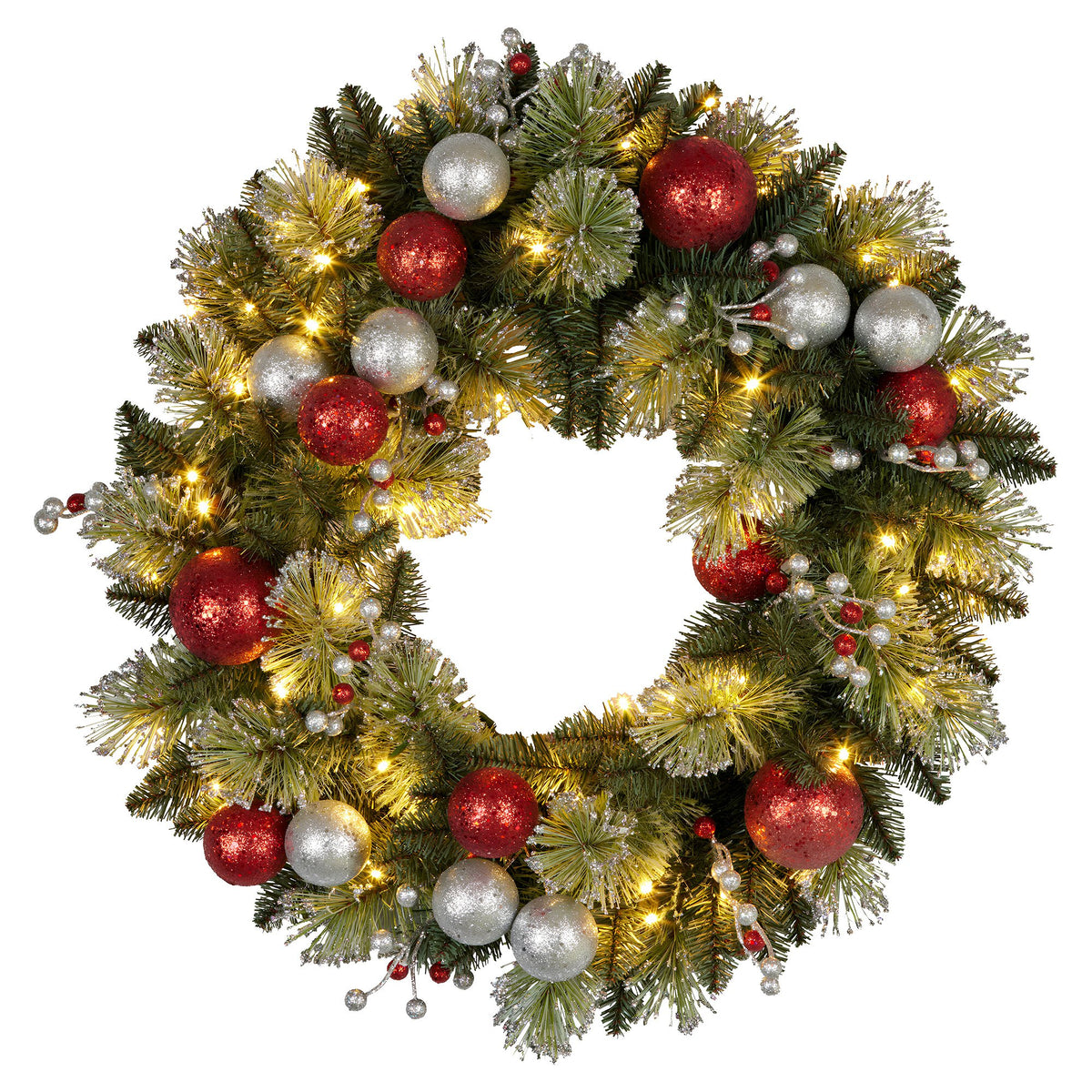 Christabelle Red and Silver Bauble Wreath with LED Lights, 61 cm