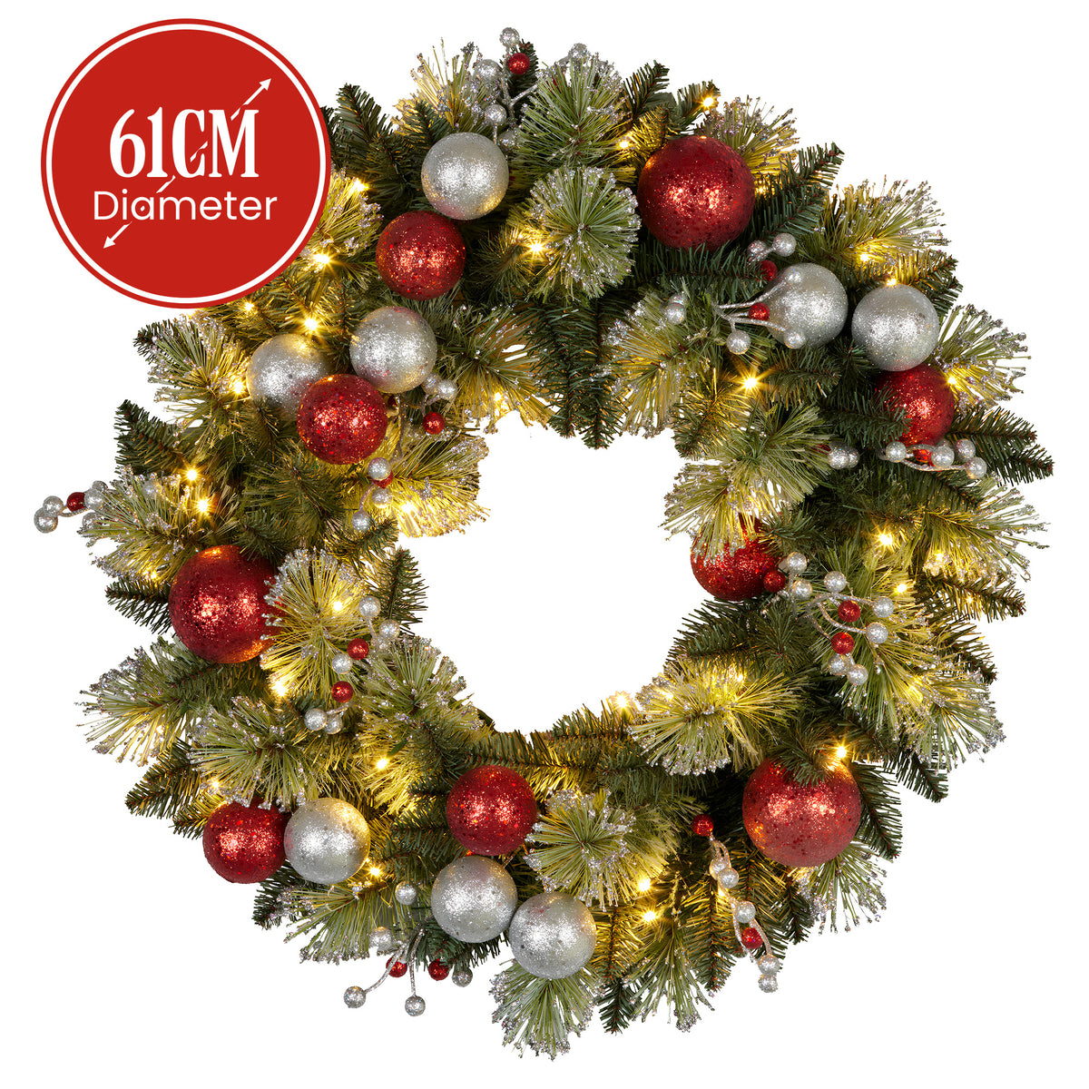 Christabelle Red and Silver Bauble Wreath with LED Lights, 61 cm