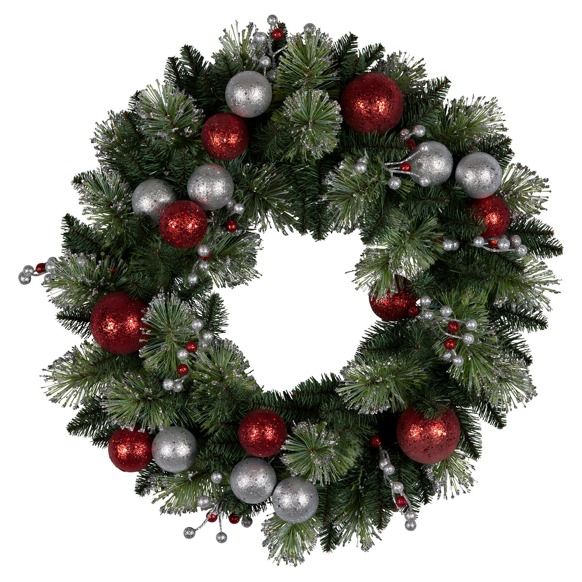 Christabelle Red and Silver Bauble Wreath with LED Lights, 61 cm