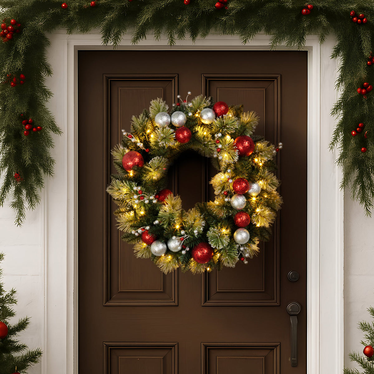 Christabelle Red and Silver Bauble Wreath with LED Lights, 61 cm