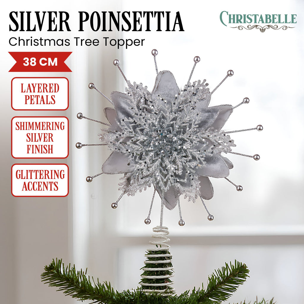 Christabelle Silver Poinsettia Tree Topper, 38 cm