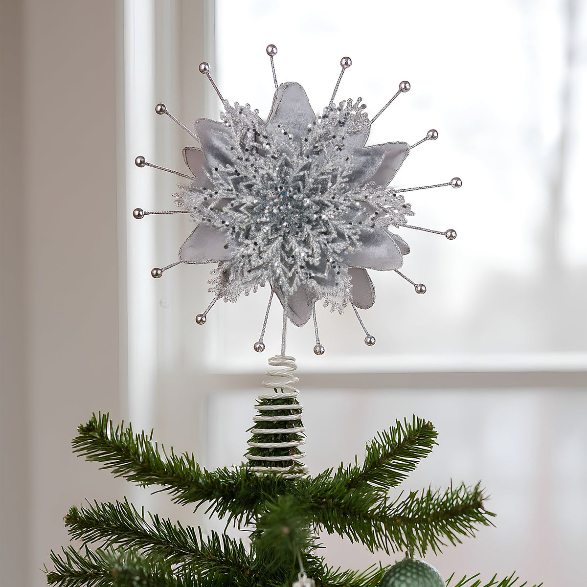 Christabelle Silver Poinsettia Tree Topper, 38 cm