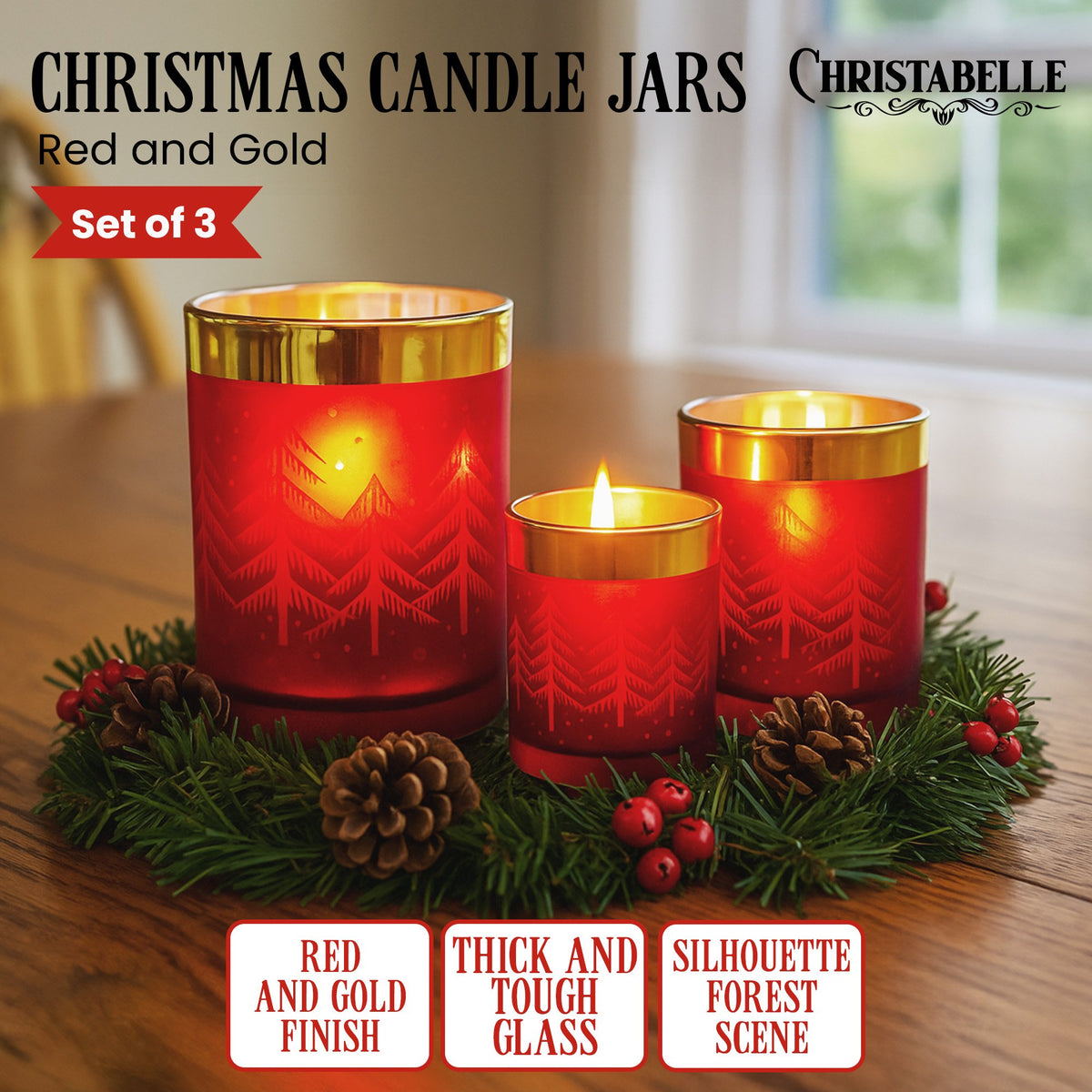 Christabelle Red and Gold Christmas Candle Jars, Set of 3