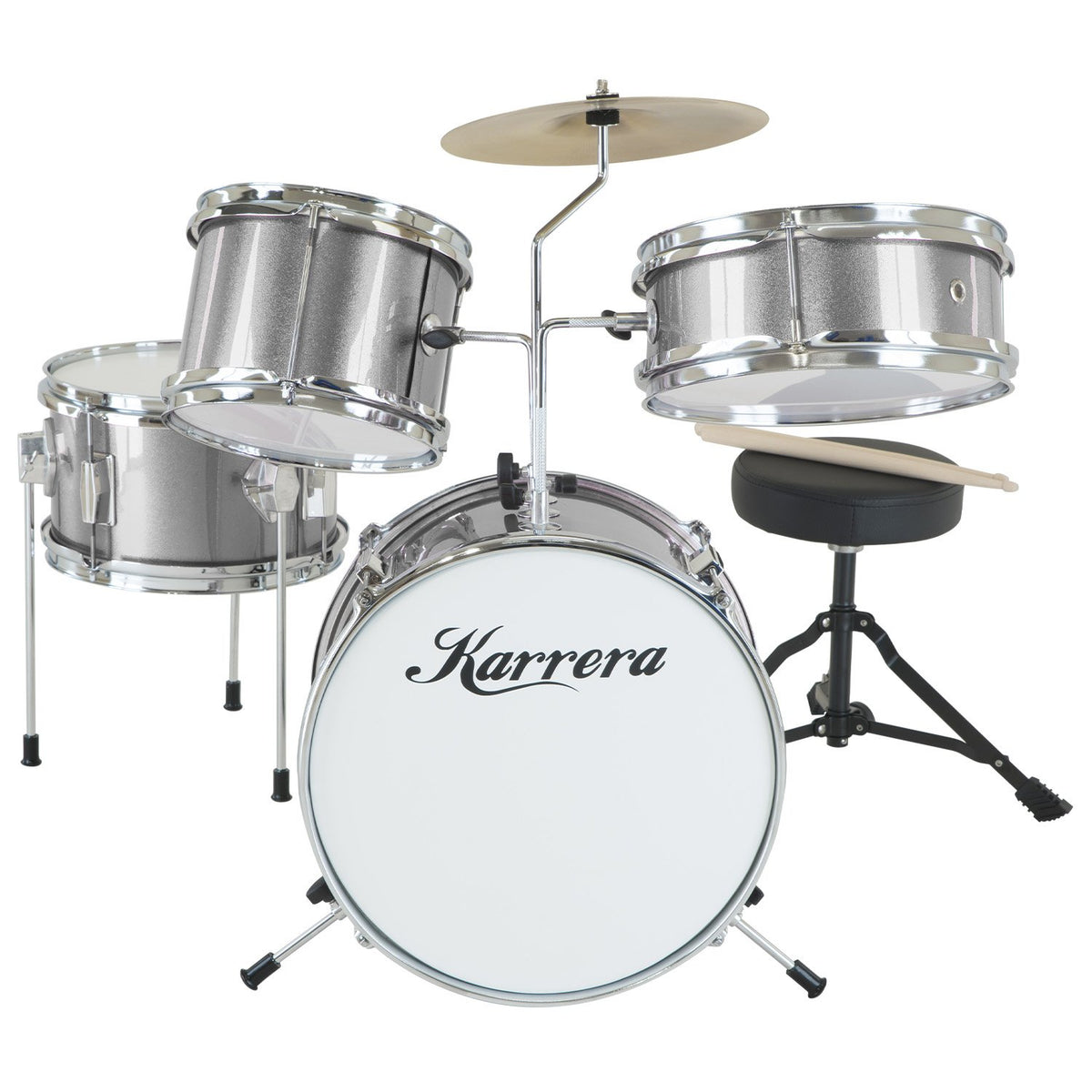 Karrera Children's 4 Piece Drum Kit with Stool, Silver