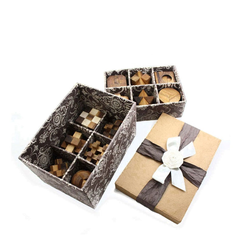 12 Puzzle Brain teaser interlocking wooden Puzzle set in a Deluxe