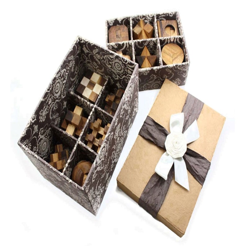 Funyards 12 Piece Wooden Brain Teaser Puzzle Set, Beige Box, in its box