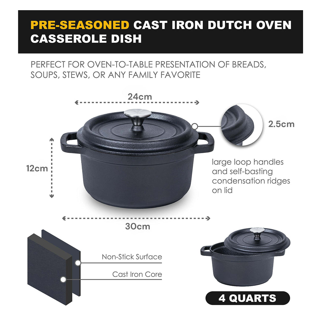 Pre-Seasoned Cast Iron Dutch Oven with Braiser Lid, 24 cm