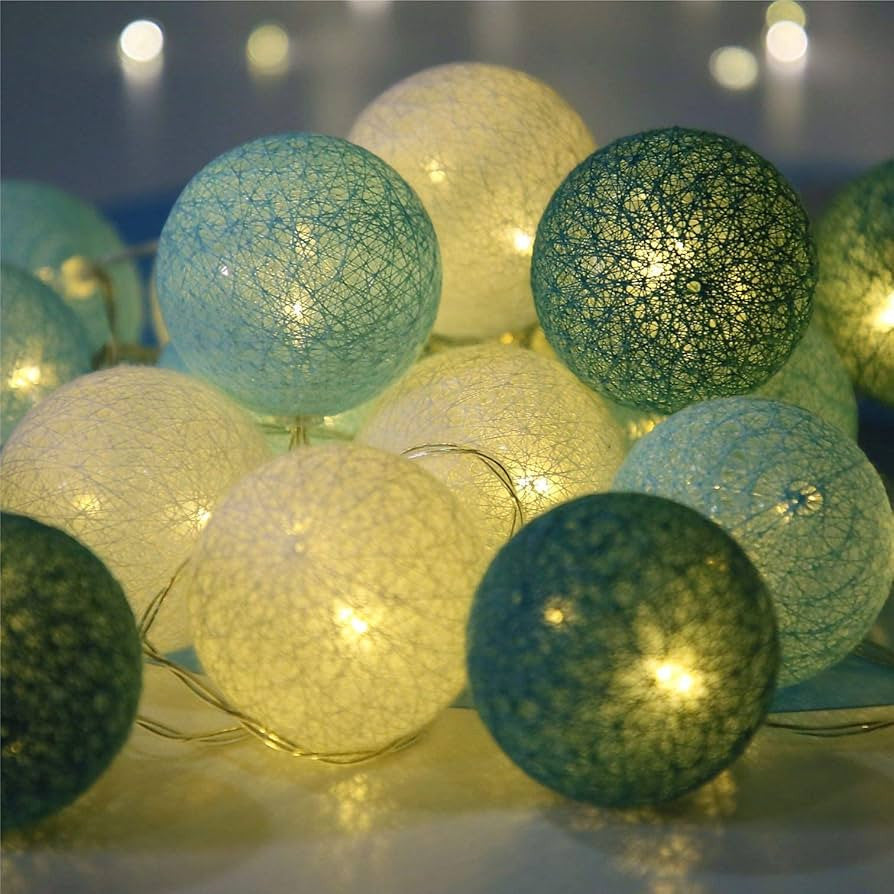 50 Ball Green Mix LONG 5m String Light Battery Box 5cm Cotton Ball