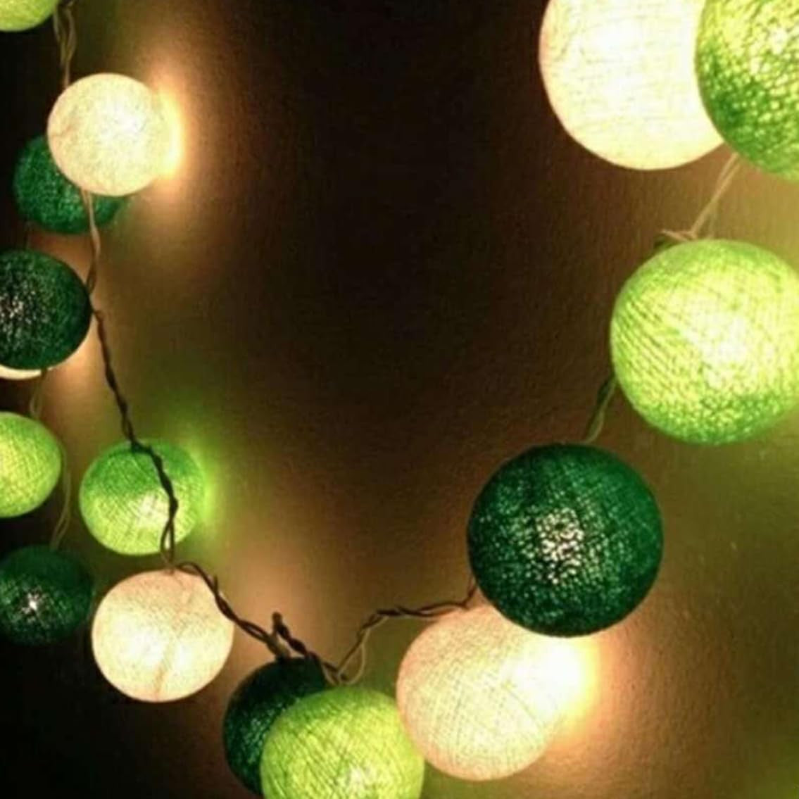 50 Ball Green Mix LONG 5m String Light Battery Box 5cm Cotton Ball