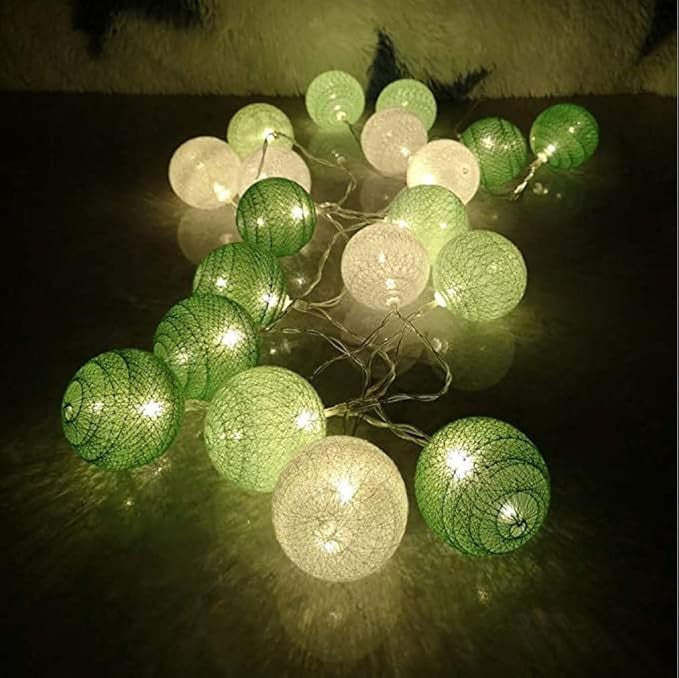 50 Ball Green Mix LONG 5m String Light Battery Box 5cm Cotton Ball