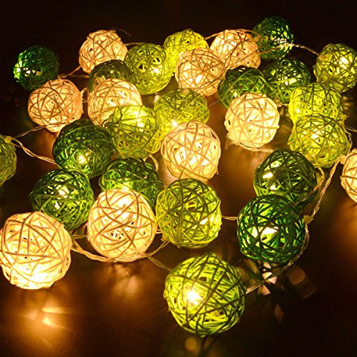1 Set of Green n White 5cm Rattan Cane 20 Ball Battery Powered 3m