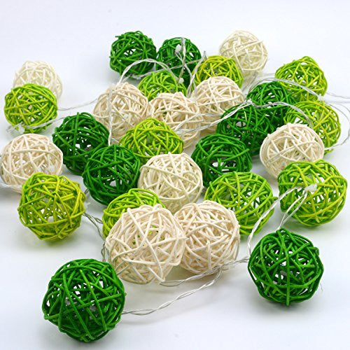 1 Set of Green n White 5cm Rattan Cane 20 Ball Battery Powered 3m