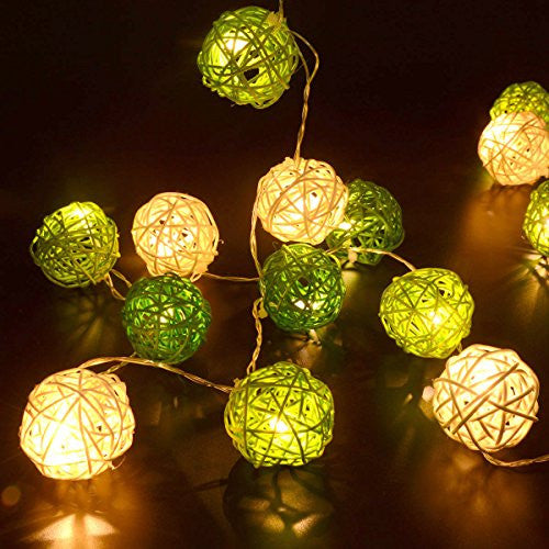 1 Set of Green n White 5cm Rattan Cane 20 Ball Battery Powered 3m