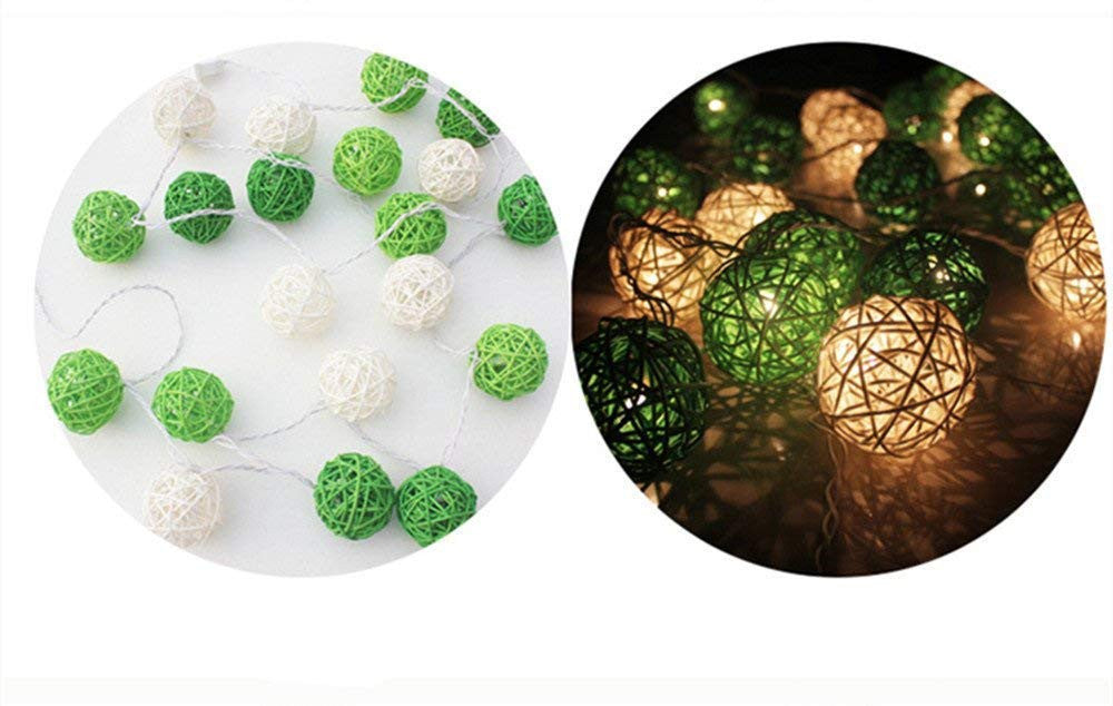 1 Set of Green n White 5cm Rattan Cane 20 Ball Battery Powered 3m