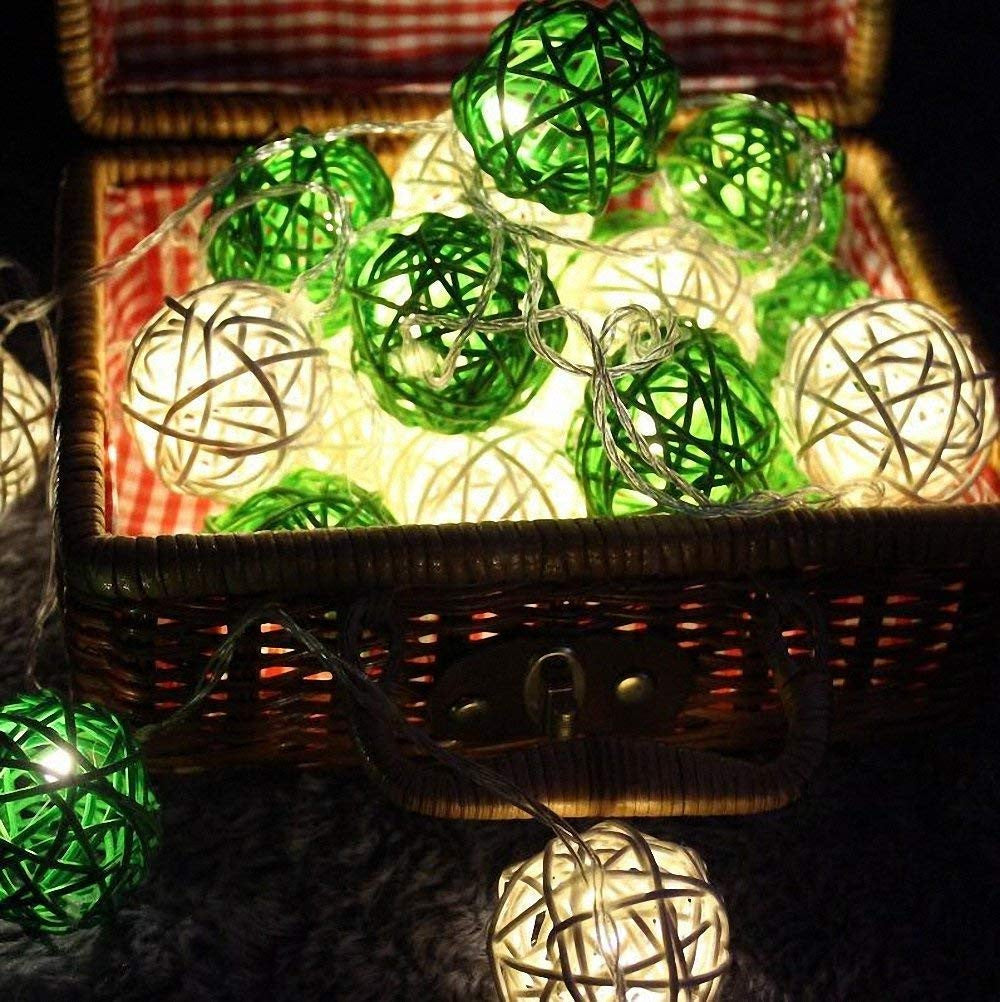 1 Set of Green n White 5cm Rattan Cane 20 Ball Battery Powered 3m