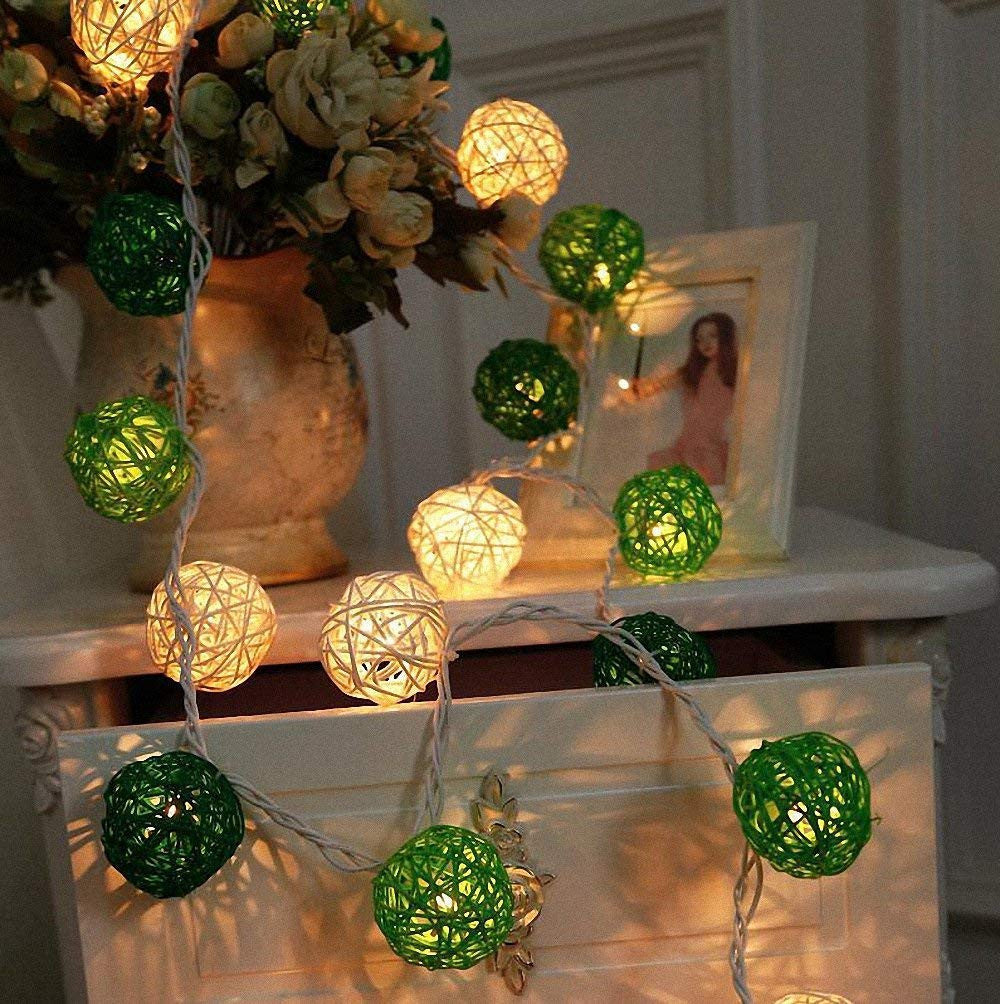 1 Set of Green n White 5cm Rattan Cane 20 Ball Battery Powered 3m