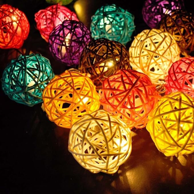 My Decorations 20 LED Multi Coloured Rattan Ball Lights, lit up in the dark, photo 4 of 6
