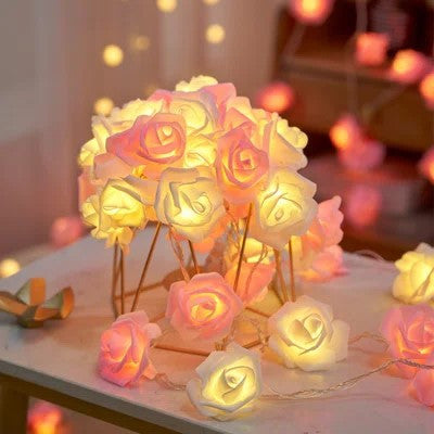 20 Pink n White Rose 3D Fairy Lights 3M String, Battery (AA) Indoor