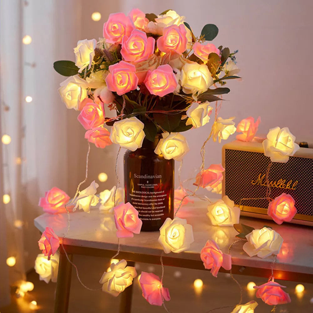 20 Pink n White Rose 3D Fairy Lights 3M String, Battery (AA) Indoor