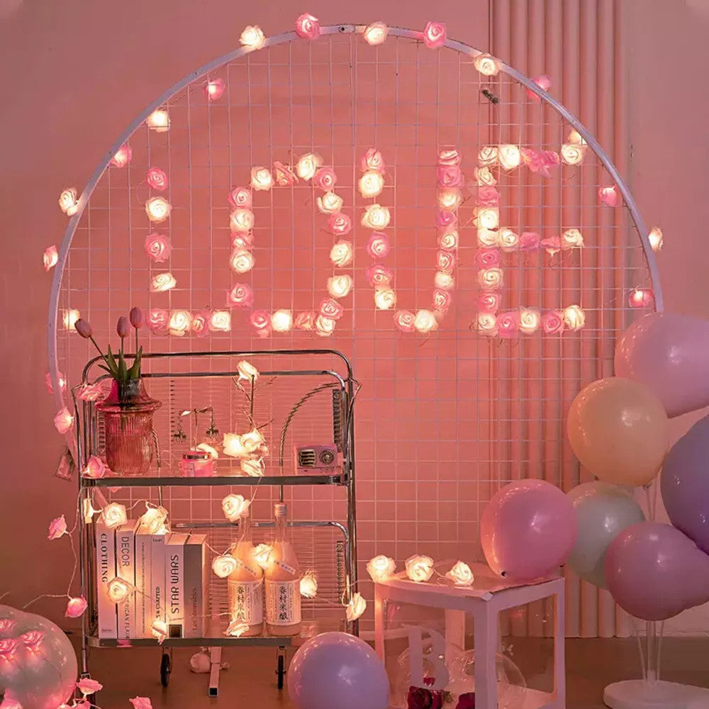 20 Pink n White Rose 3D Fairy Lights 3M String, Battery (AA) Indoor