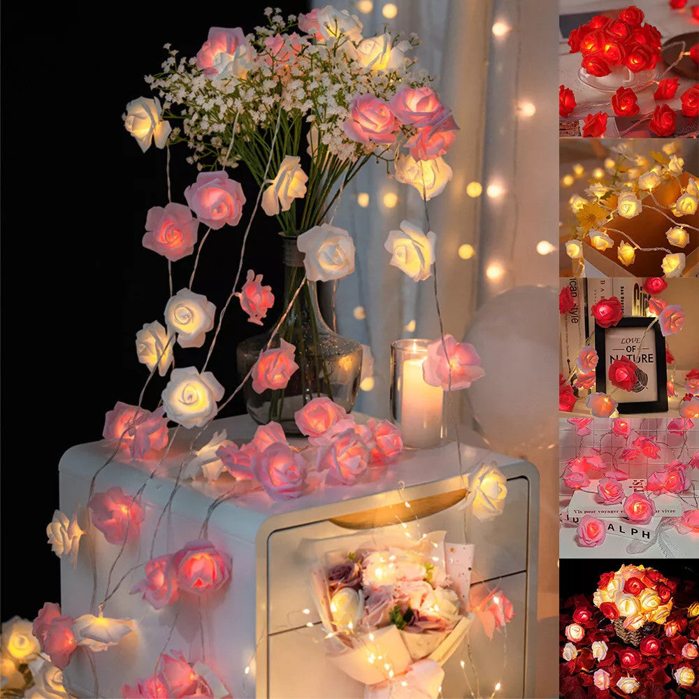 20 Pink n White Rose 3D Fairy Lights 3M String, Battery (AA) Indoor