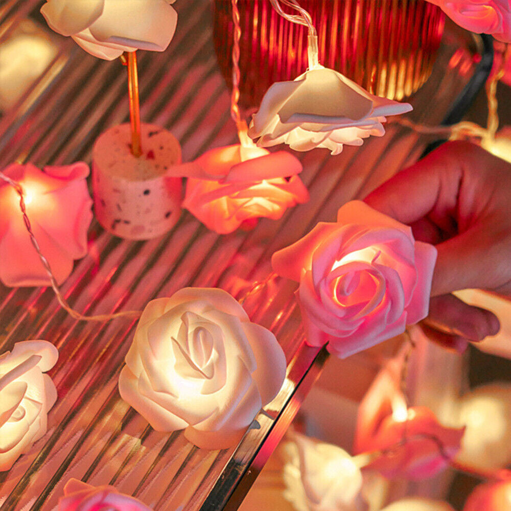 20 Pink n White Rose 3D Fairy Lights 3M String, Battery (AA) Indoor