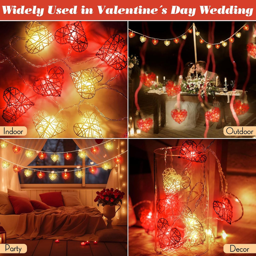 20 Red and White 3D Hollowed Rattan Heart-Shaped 3M String Fairy
