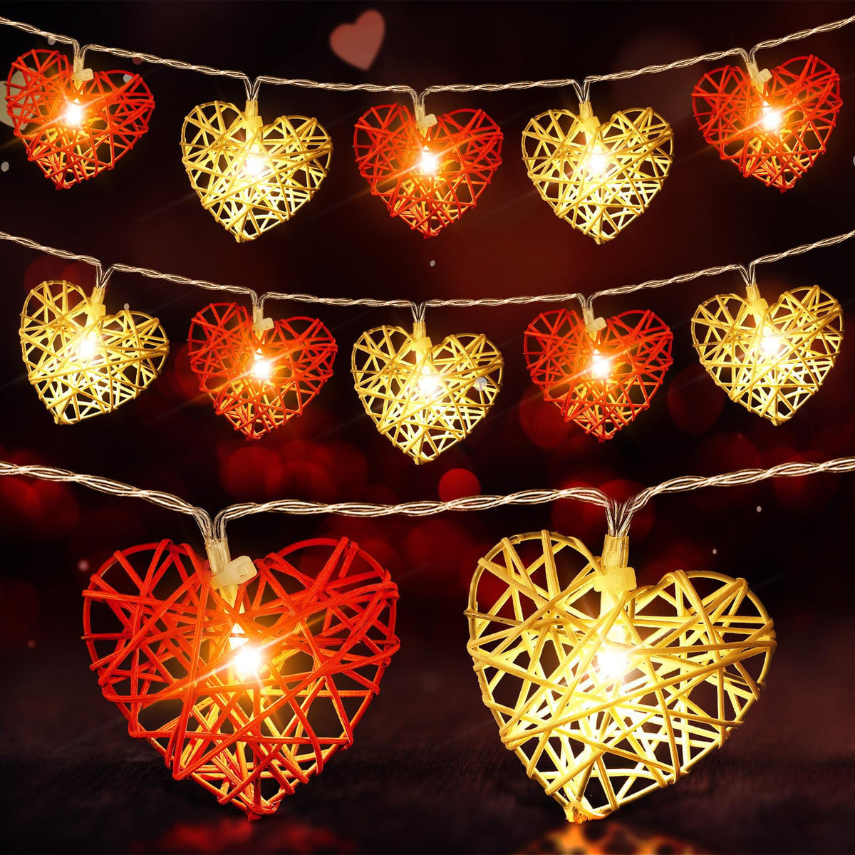 20 Red and White 3D Hollowed Rattan Heart-Shaped 3M String Fairy