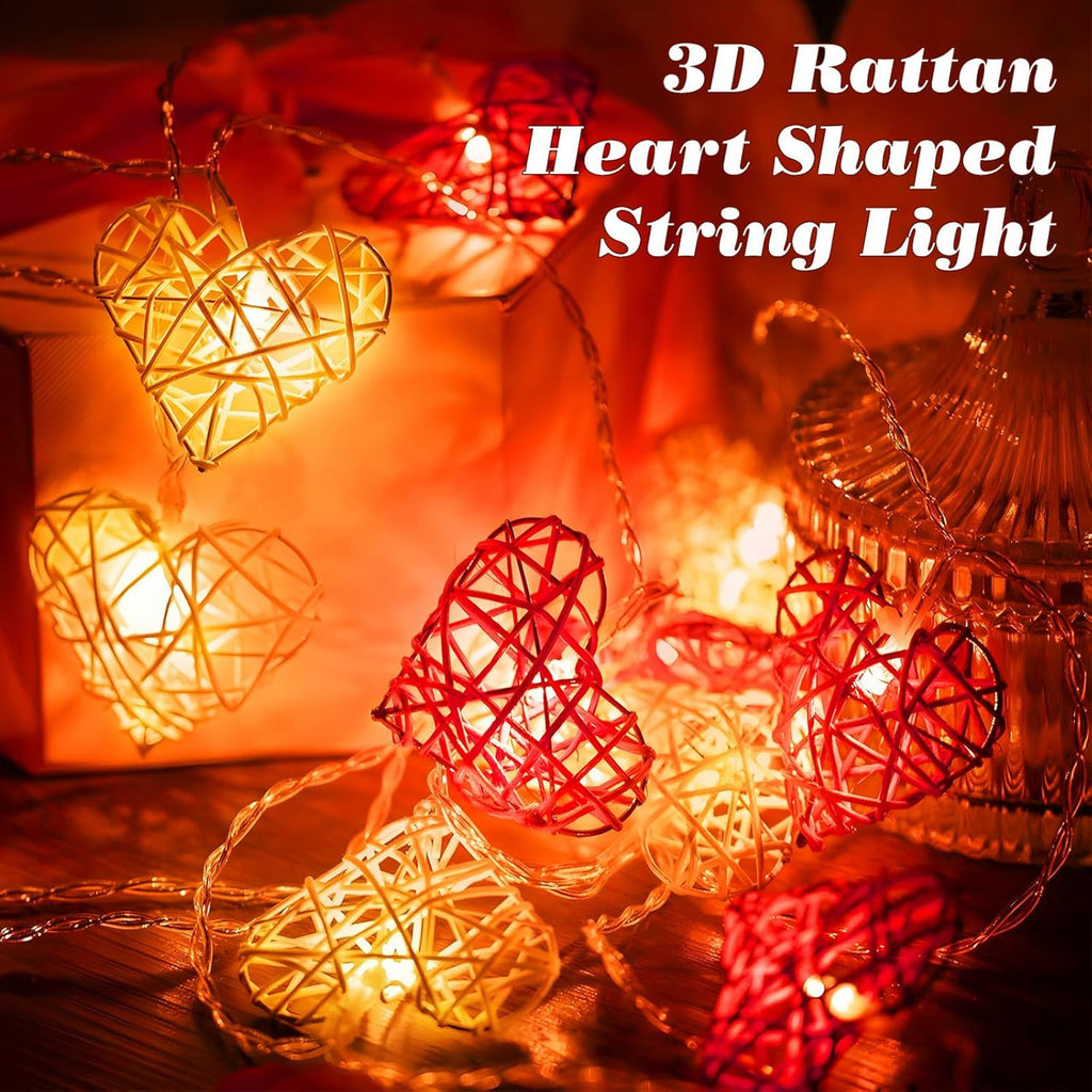 50 Red and White 3D Hollowed Rattan Heart-Shaped 5M LONG String Fairy