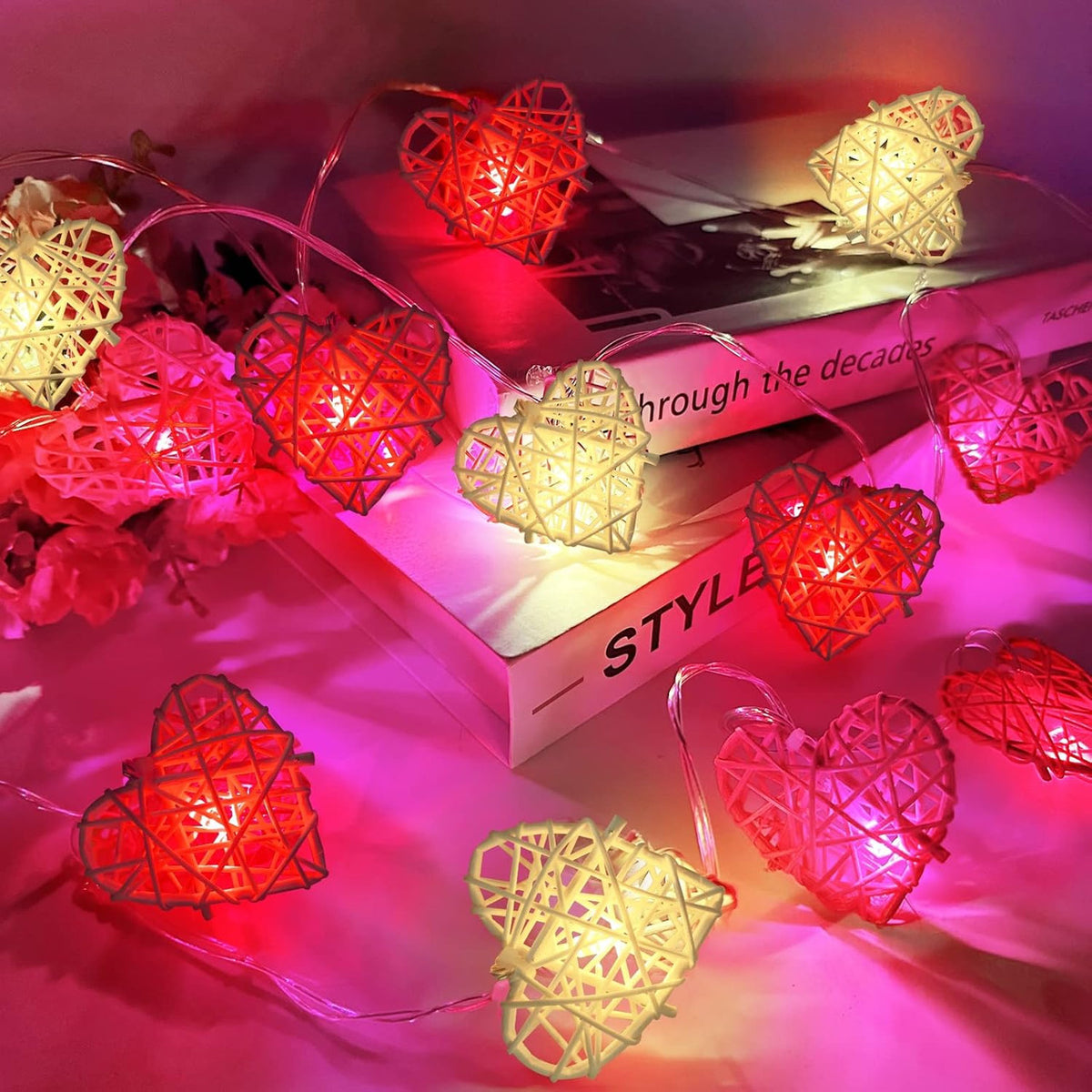 50 Red and White 3D Hollowed Rattan Heart-Shaped 5M LONG String Fairy